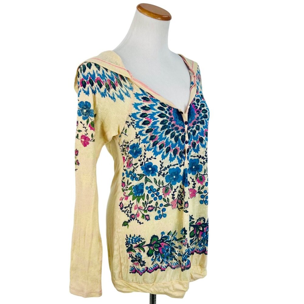 Vintage Free People Floral Boho Pullover Burnout Henley Hoodie Long Sleeve Top - Picture 5 of 16